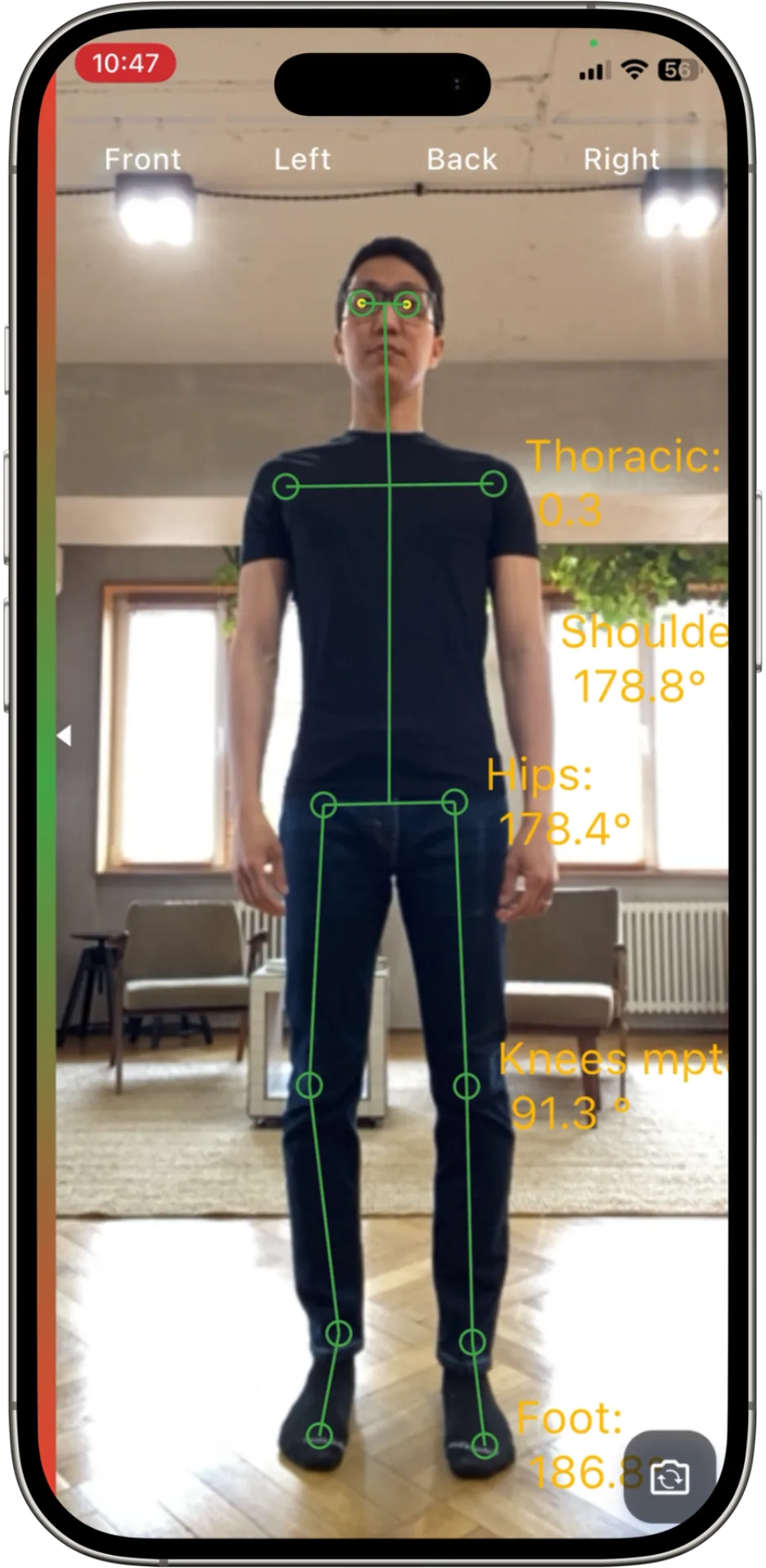 Postureletics app scanning a person's posture — computer vision maps the joints and measures shoulder, hip, knee and foot angles in real time.